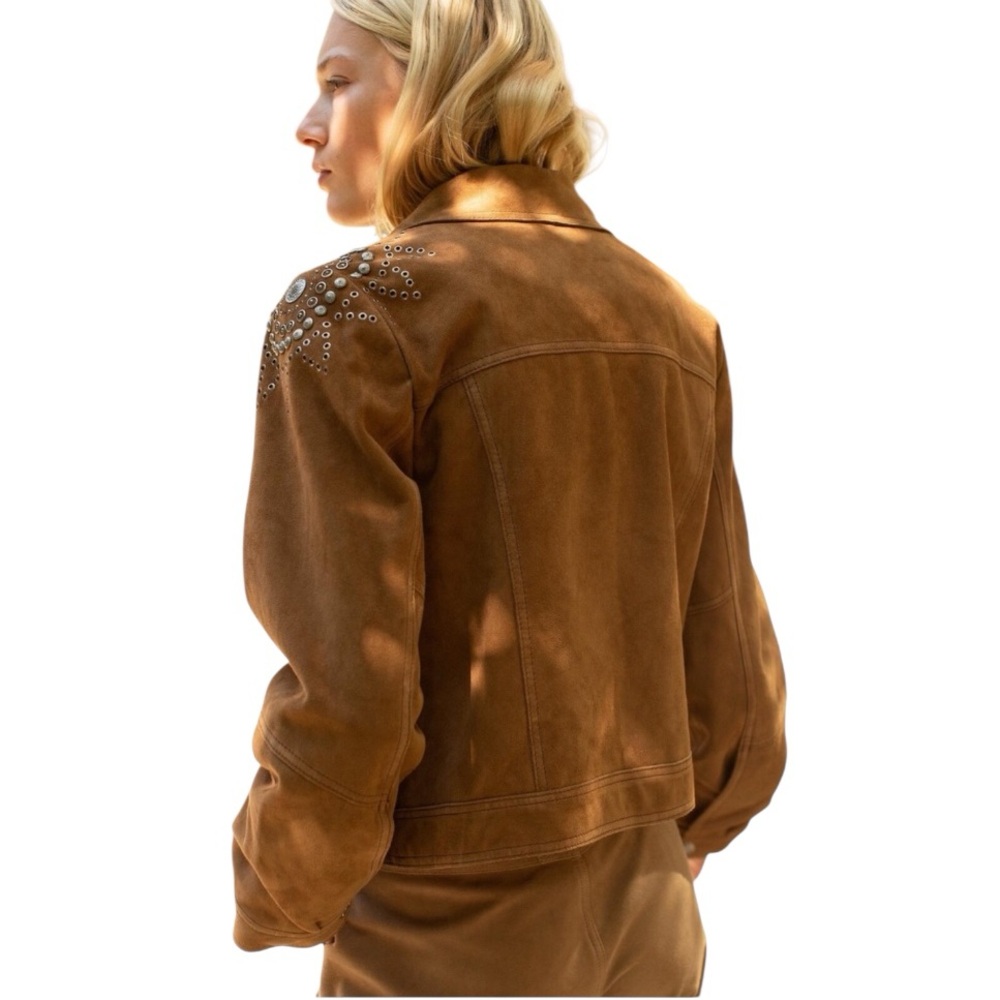 Free People Tan Suede Embellished Jaya Boxy Chore Jacket Brown SZ S - Picture 4 of 12